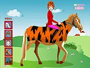 A cute, stylized image of a girl in a riding outfit standing next to her customized horse in a colorful field, both wearing matching accessories.