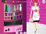 A stylish girl dressed in an elegant gown and jewelry, ready for a glamorous party, with a selection of dresses and accessories visible.