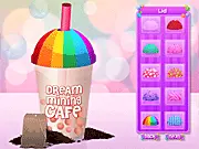 Screenshot of Bubble Tea Creation game showing a finished custom drink with colorful boba pearls, a wide straw, and a unique lid design.