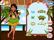 Moana Dress Up game screenshot showing the Disney character Moana in a colorful Polynesian-style outfit with fashion options laid out around her.
