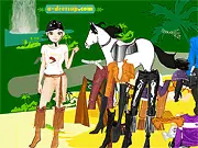 Free online Ranch Dressup game featuring Jenifer in a stylish cowgirl outfit, including a hat and riding boots, standing next to her horse