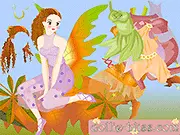 Tianna Autumn Fairy Dress Up gameplay showing the fairy character dressed in a beautiful orange and red leaf-themed gown with elaborate fairy wings and a floral headpiece.