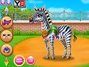 Screenshot of Zebra Caring and Dress-Up free game showing a happy zebra being cleaned and styled with fun accessories