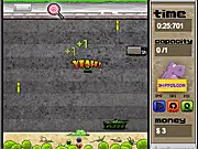 Gameplay screenshot of 100 Candies, showing a small monster character trying to cross a busy road filled with moving cars and trucks, similar to the classic Frogger game.