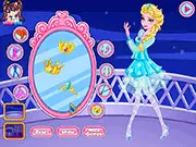 Frozen Elsa's Magical Frosty Fashion game screen showing Elsa in a glamorous party dress with bright colored hair and sparkling accessories
