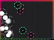 Polygon's Chain free online puzzle game screenshot showing various geometric shapes (polygons) moving on the screen before a chain reaction explosion.
