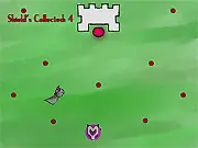 Dodge Knight game art featuring a small knight character evading a massive wave of neon-colored projectiles and collecting floating shield power-ups.