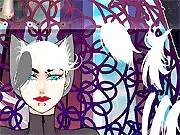 Alfagethvesis Generator game showing a highly customized female cat-breed character, free online dress-up and character creator game.
