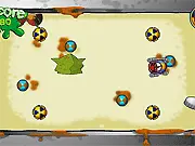 Bin-Go free online arcade game screenshot – A character moving to collect trash bins while avoiding gooey, colorful 'squidgy things'.