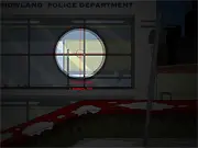 12 Days Sniper Challenge game view through a rifle scope, aiming at a police or gangster target on a dark street, emphasizing the precision required for headshots. PlayArcadeHub shooting game.
