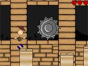 Screenshot of Raider Jones online game showing a character avoiding spiked wheels in a dark cavern