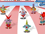 The Jumping Clowns free online memory game showing a hammer and several clown heads popping up from colorful holes on a circus-themed background.