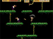 Monkey Adventure game character jumping over a patrolling enemy animal in a colorful jungle setting