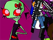 The character creator screen for Dress Up Esk, showing an Irken alien ready to be customized with various outfits, accessories, and features inspired by Invader Zim and Tak.