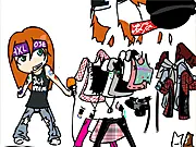 Chibi Axl Rose Dress Up game screen showing a small cartoon version of the Guns N' Roses singer ready to be customized with various rock outfits and hairstyles. PlayArcadeHub fan game.