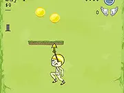 Screenshot of the Rising Angel game showing the character Lucius swinging on a rope hook between two elevated platforms while collecting gold coins