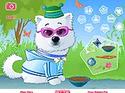 Puff The American Eskimo free online game screenshot, cute dog dress up, pet fashion on PlayArcadeHub