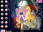 Screenshot of Unicorn and Fairy Dress Up game showing a beautiful fairy in a glowing dress next to a white unicorn with a shimmering mane, ready for a makeover.
