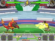Fuzzmon online fighting game screenshot – Two cartoon animal fighters facing off with a spinning slot machine display determining attack power.