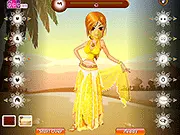 The main screen of the Belly Dancer Dressup online game, showing a female dancer model and a collection of colorful belly dancing costumes, hip scarves, and accessories.