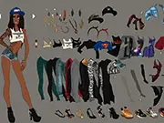 Online fashion game screen showing a character dressed in 90s-style urban chic clothing with large gold earrings and a crop top.