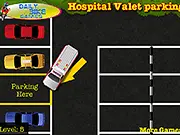 Screenshot of the Hospital Valet Parking Simulator game showing a car being carefully driven into a tight parking space in a busy parking lot