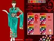 Furisode Kimono Maker online game, custom designing a traditional Japanese kimono, fashion dress up game, girl with ornate hair accessories.