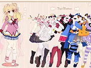 Screenshot of Dress Up Akemi Konai online game showing the UTAU character in a full kawaii outfit with glowing accessories