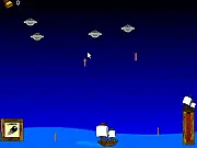 Pirates vs Aliens free online shooter game thumbnail showing a pirate ship fighting an alien spacecraft on PlayArcadeHub