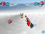 Santa's Snow Rush free online game screenshot – Santa Claus snowboarding behind a reindeer on a snowy slope, collecting gifts.