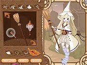 Free online game image for Witchy Dress Up showing a stylish witch character in an elegant outfit with a modern, gothic aesthetic