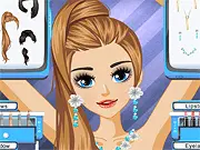 Belly Dancer Makeover game screen showing a character named Sophie in a glittery belly dance outfit, jewelry, and styled hair
