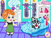 Princess Anna and her puppy caring game, play free online, Disney Frozen pet makeover, dog grooming simulation on PlayArcadeHub
