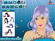 Screenshot of Mermaid Makeover game showing a beautiful mermaid with a vibrant tail and long flowing hair, getting a luxurious style change
