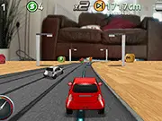 Screenshot of Slotcar Mania free online game showing a slot car racing on a multi-lane track and collecting power-ups