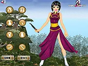 Screenshot of the Fighter Girl Dress Up game showing a strong female warrior with armor, a sword, and a determined expression