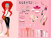 Screenshot of Delight Paper Doll game showing a fashion doll with various clothes, shoes, and accessories laid out for a digital makeover and dress-up