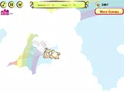 Screenshot of Cute Fluffy Weapons free online game showing Little Ted the bear soaring across the ocean after being launched by a kick