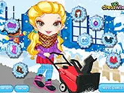 Screenshot of Snowblower Winter Dress Up online game showing a girl in a fashionable winter coat, ready to clear snow with a snowblower.