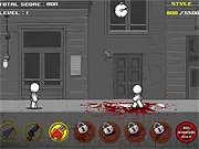 Taste my Arsenal: Kill with Style! game screen showing a character standing next to a variety of over-the-top weapons, preparing to attack targets.
