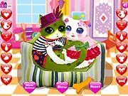 Free online Heart Cats Dressup game screenshot showing an adorable cartoon cat wearing a cute hat and bow tie, with multiple accessories available for selection