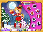 Christmas Eve Girl Dress Up free online game screenshot featuring Melinda in a beautiful, festive holiday dress at her party on PlayArcadeHub