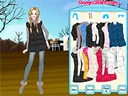 Sleeveless Down Coats game screen showing a model named Bella wearing a layered outfit with a puffy vest