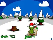 Sledding Madness gameplay screenshot showing Griswold the goblin riding a sled down a snowy hill, jumping to collect a group of shiny gems.
