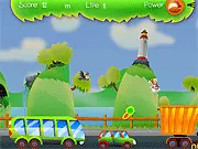 Screenshot of the Flying Rabbit online game showing a small rabbit mid-jump between two moving cars, with a bird flying in the background