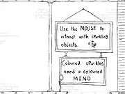 Screenshot of the Colour My Fate game showing a stick figure character standing in a black-and-white city with a small, glowing color item nearby.