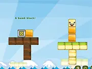 Saving Toasty free puzzle game screenshot, a slice of cartoon toast sitting on top of a tall stack of wooden and stone blocks