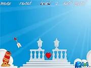 Cupid's Exam online game screenshot, physics puzzle with a cannon shooting ragdoll Cupids to collect red hearts, play free on PlayArcadeHub