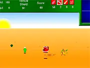 Screenshot of the Dix in Space game showing a quirky spaceship firing lasers at several small, incoming alien enemies.
