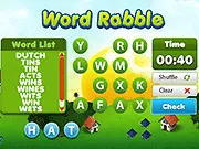 Word Rabble game screen showing scrambled letters, a scoring display, and a two-minute timer for a free online word game